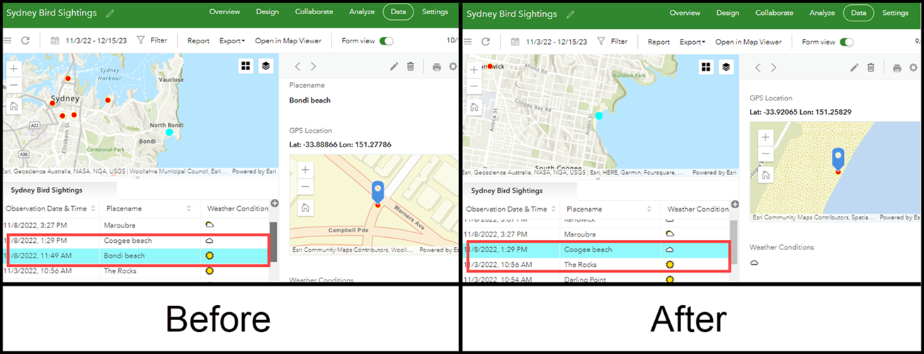 A comparison of the survey records before and after deleting a record in ArcGIS Experience Builder