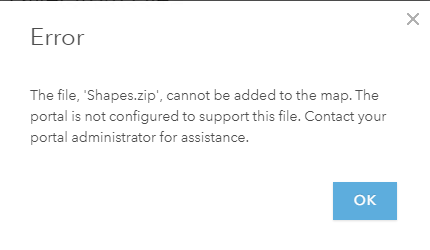 The error message returned when adding a zipped file containing shapefiles to Map Viewer classic