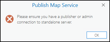 The error message "please ensure you have publisher or admin connection to standalone server" returned when publishing a map service