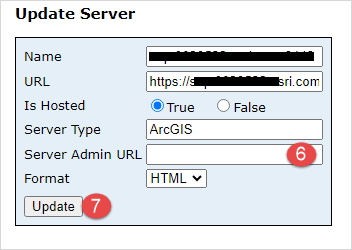 Parameters of a server on the Update Server page