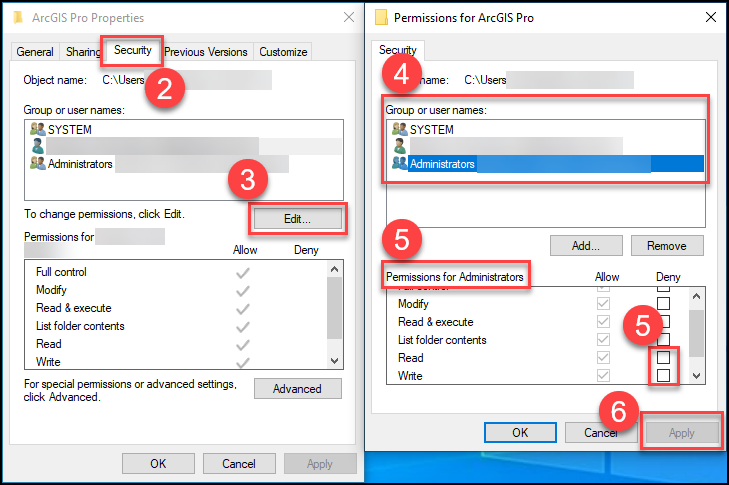 Permissions and properties dialog boxes