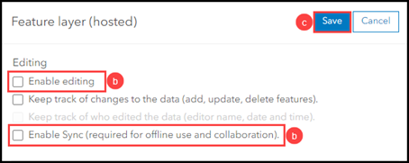 The editing and sync settings disabled for the hosted feature layer