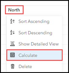 The Calculate option on the north field in the attribute table