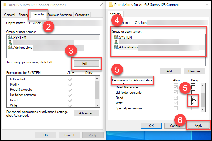 Permissions and properties dialog boxes