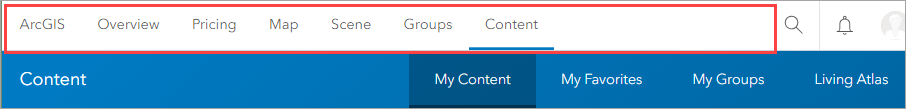 The top ribbon of an ArcGIS Online website.