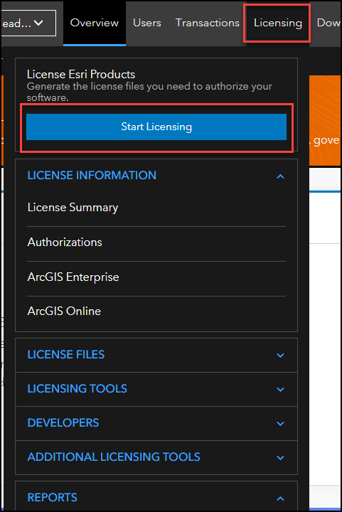 The My Esri webpage with the Licensing tab