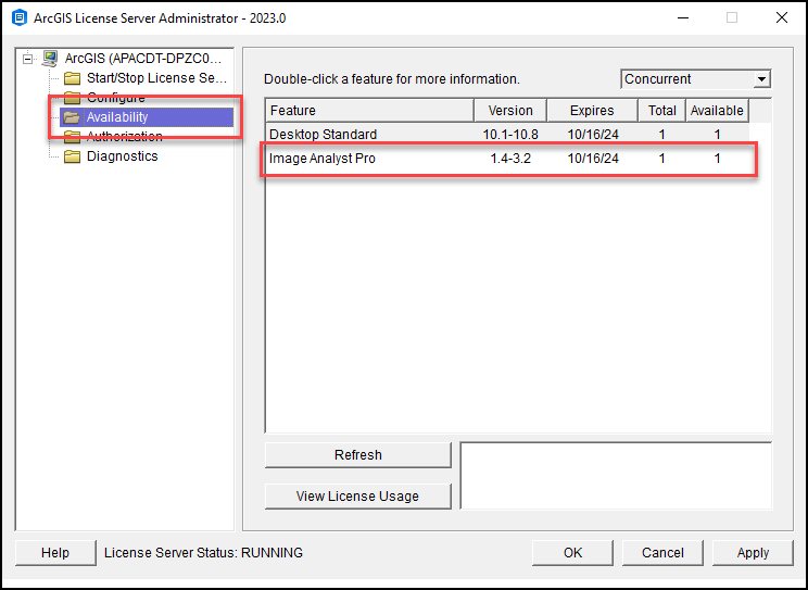 The Availability tab in License Server Manager