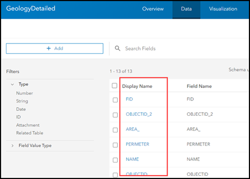 The display names in ArcGIS Online following the field names instead of the alias names