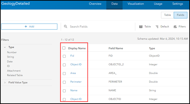 The field display names in ArcGIS Online reflecting the field alias names set in ArcGIS Pro