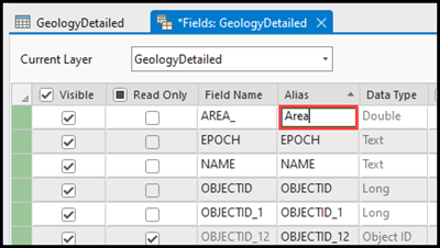 Editing the field alias name in the fields view