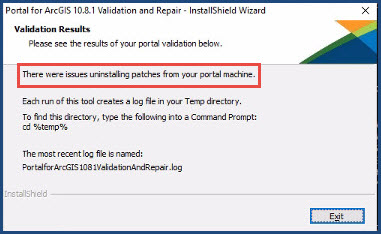 The error message in the Portal for ArcGIS 10.8.1 Validation and Repair tool window