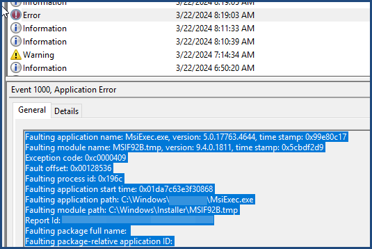 The Windows Event Viewer logs corresponding to each crash