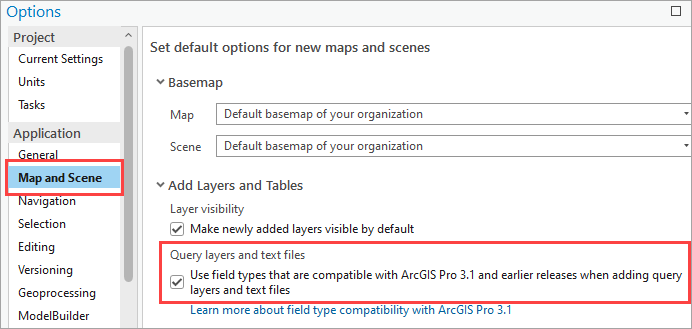 The 'Use field types that are compatible with ArcGIS Pro 3.1 and earlier releases when adding query layers and text files' check box.
