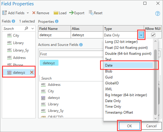 A new data type is selected for the field in the Field Properties window.