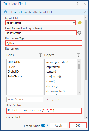 The Calculate Field tool with the parameters configured and the OK button