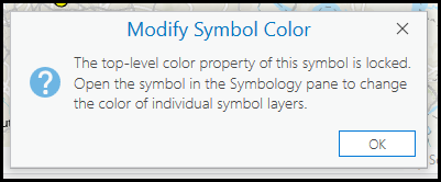 The message returned when attempting to change the symbology color in ArcGIS Pro