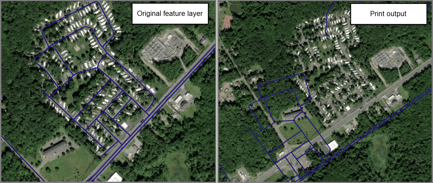 Comparison of the original feature layer and the shifted layer on the print output template.