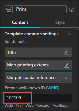 The default WKID is entered for the output spatial reference