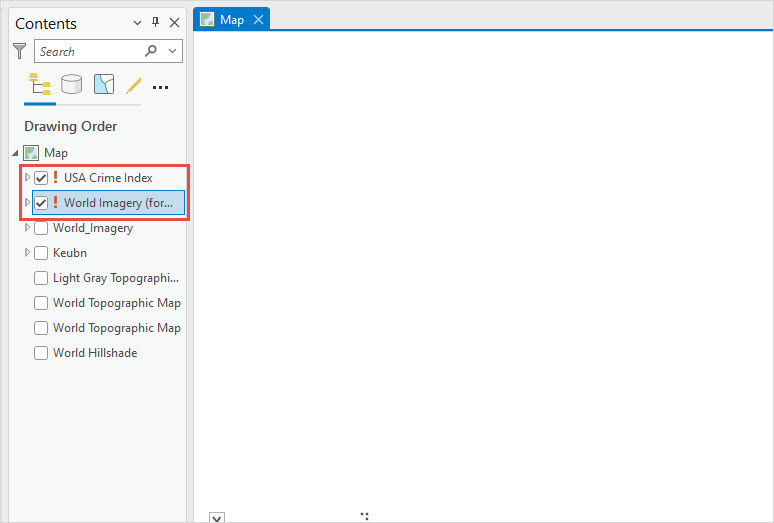 The layers in the Contents pane and the blank map view in ArcGIS Pro.