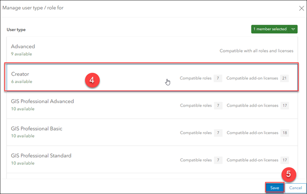 Selecting the Creator user type selected in the Manage user type / role for <username> window