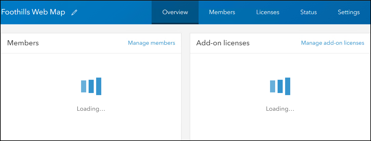 The Overview tab with the Members and Add-on licenses sub-pages showing a constant 'Loading...' symbol