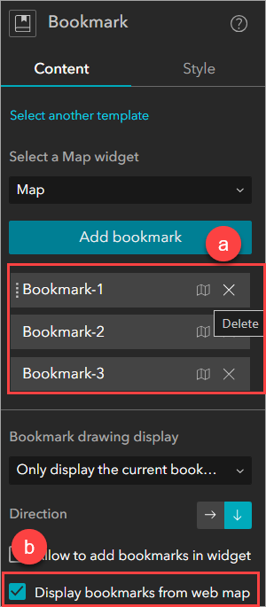 The default bookmarks being deleted and bookmarks from the web map are selected to be displayed on the canvas.