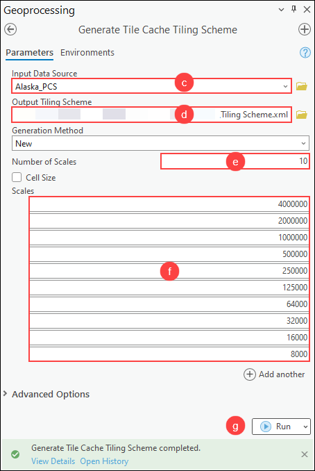 The Generate Tile Cache Tiling Scheme pane