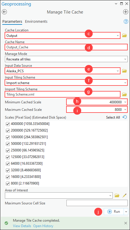 The Manage Tile Cache pane