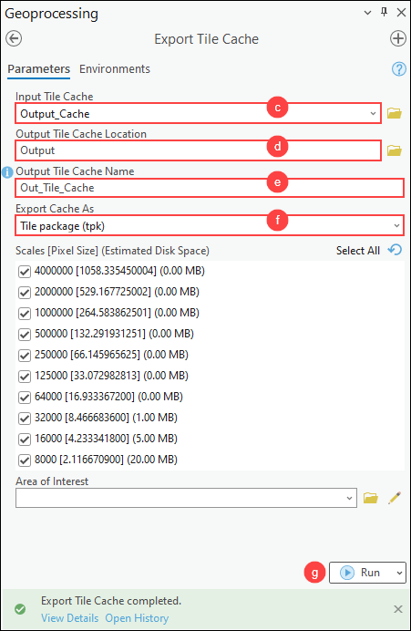 The Export Tile Cache pane