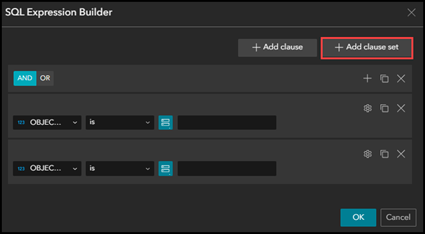 Adding a clause set in the SQL Expression Builder window