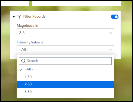 The Filter widget with two filters added to the web app. The second filter lists intensity values based on the selected magnitude in the first filter