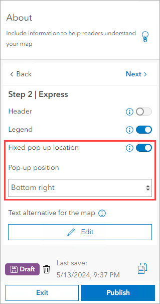 The image of the desired location for the pop-up window being configured in ArcGIS Instant Apps.