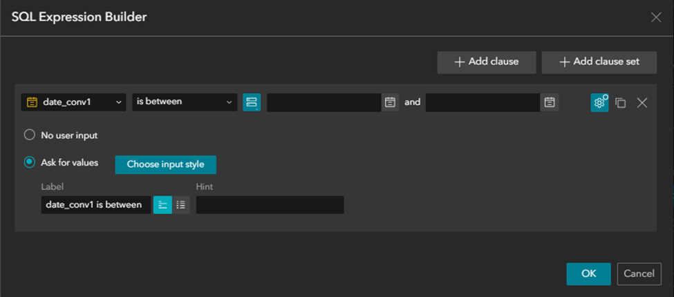 The SQL Expression Builder in the Filter widget panel