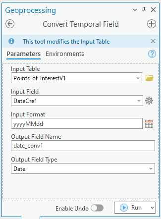 The Convert Temporal Field tool in the Geoprocessing pane