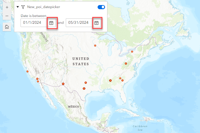 The features filtered using the date picker in the Filter widget in ArcGIS Experience Builder