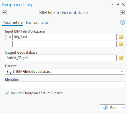 The BIM File To Geodatabase pane