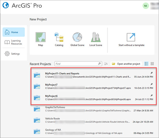 Pinned projects on ArcGIS Pro Recent Projects