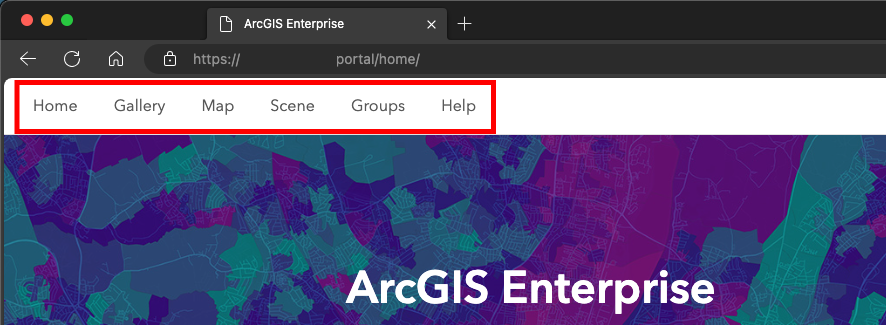 Figure 1 - ArcGIS Enterprise global navigation bar as it should appear in Chrome and Edge browsers. If the patch is not installed, this will appear blank.