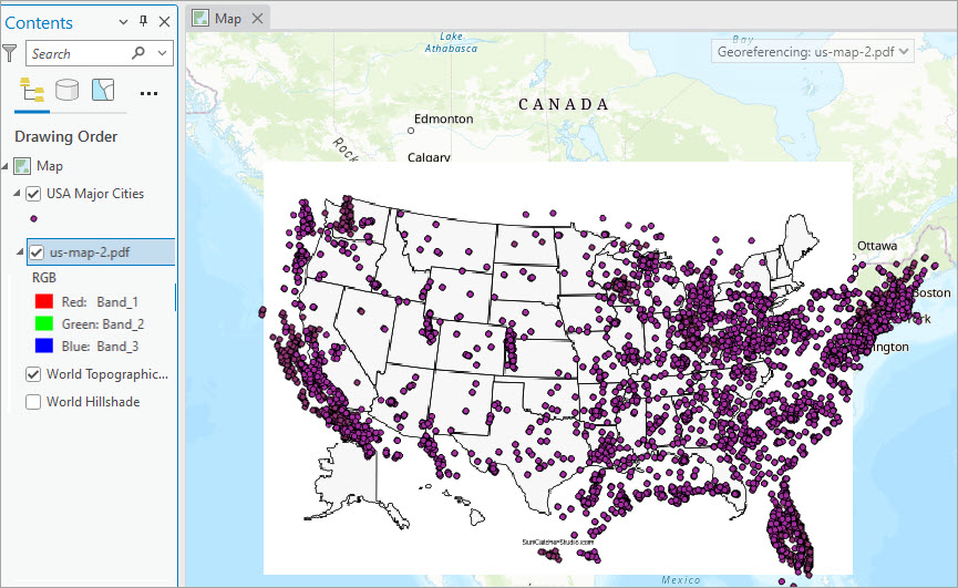 The PDF layer on the map.