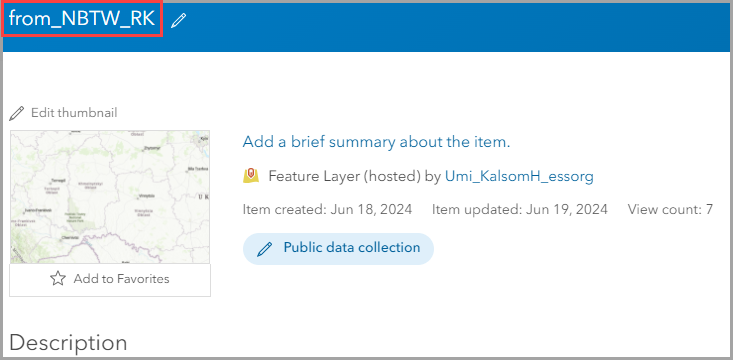 The updated hosted feature layer name in the item details page