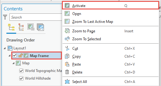 Activating Map Frame in the Contents pane