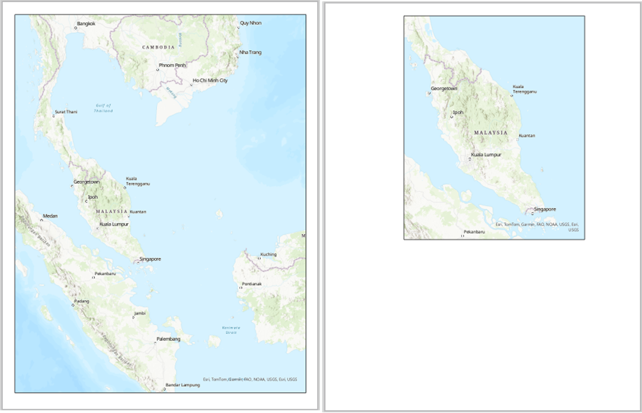 A before and after resized map frame without a retained map extent 