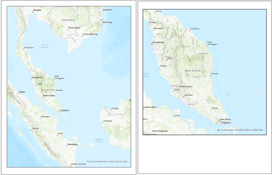 A before and after resized map frame without a retained map extent