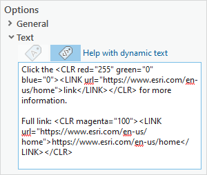 The text formatting tags for different hyperlinked text colors under the Text option in the Element pane.