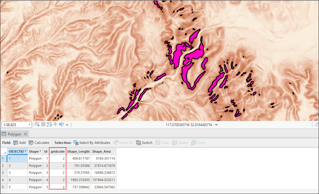 The map with a polygon feature containing the areas of slopes with more than 60 percent from the raster layer