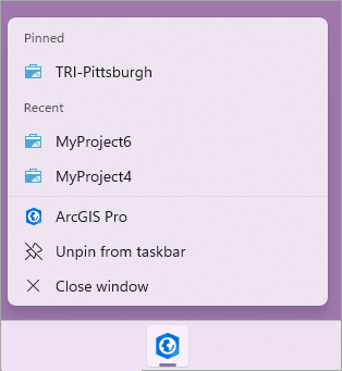 The ArcGIS Pro icon with a list of projects on the Windows taskbar.