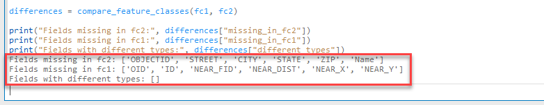 The comparison of the missing fields between the two feature classes printed in the Python window