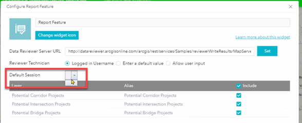 The session list is empty in the Configure Report Feature window