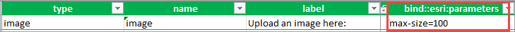 The max-size bind::esri:parameters property being typed in the XLSForm.