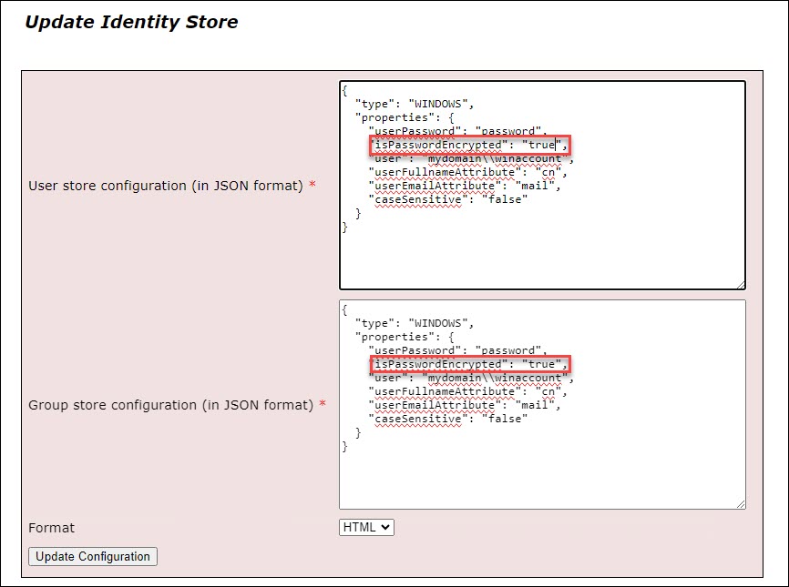 The Update Identity Store configuration in Portal Administrator Directory.